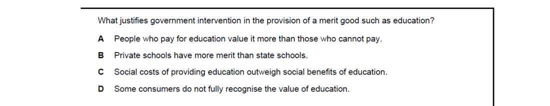CIE 9708 Economics multiple-choice question on Reasons for Government Intervention in Markets (image 10)