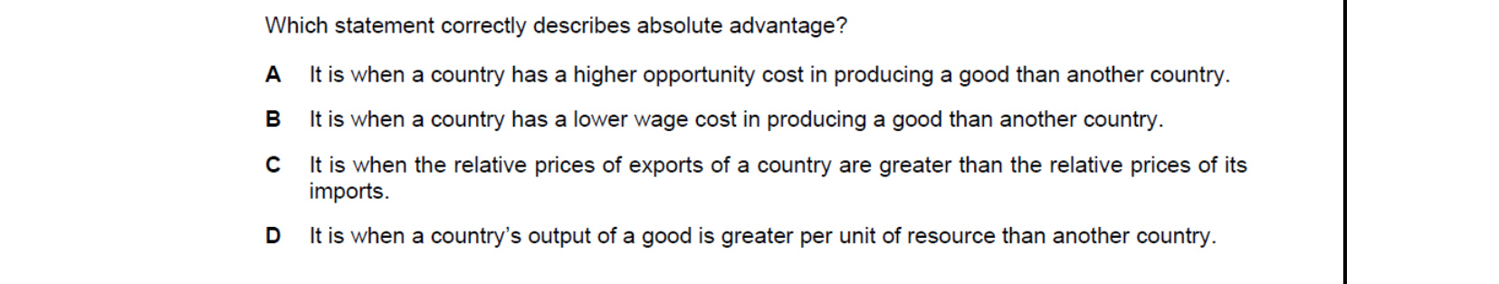 CIE 9708 Economics multiple-choice question on The Reasons for International Trade (image 1)