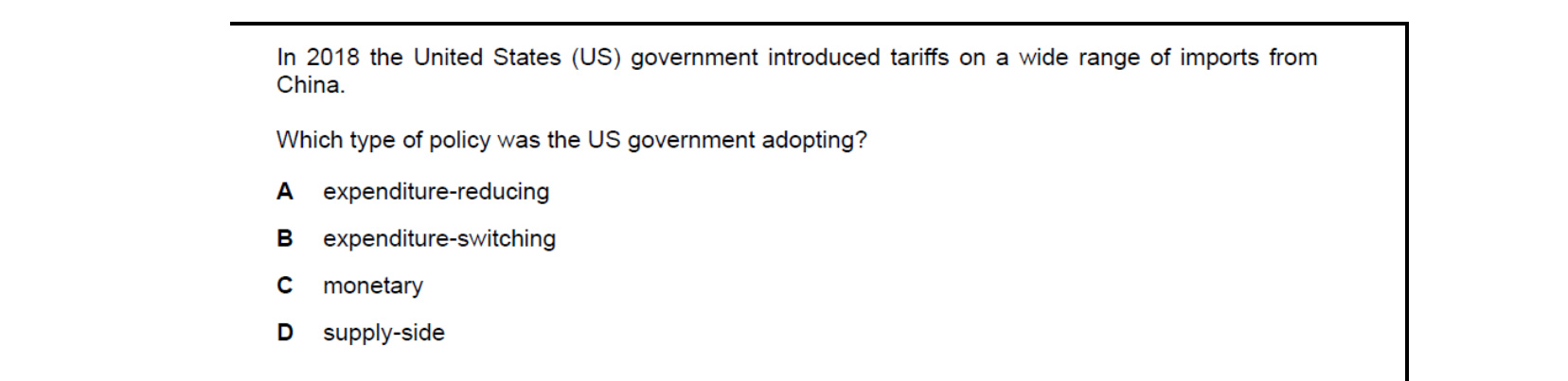 CIE 9708 Economics multiple-choice question on Policies to Correct Disequilibrium in the Balance of Payments (image 6)