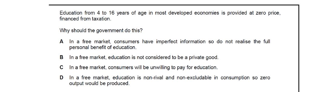 CIE 9708 Economics multiple-choice question on Reasons for Government Intervention in Markets (image 6)