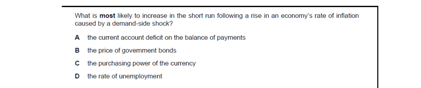 CIE 9708 Economics multiple-choice question on Links Between Macroeconomic Problems and Their Interrelatedness (image 10)
