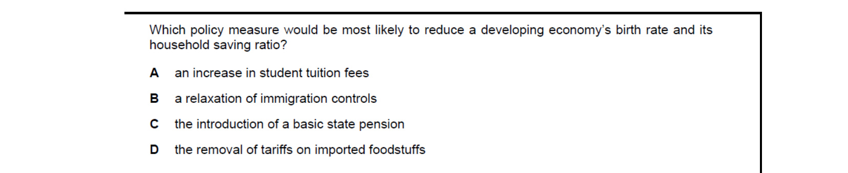 CIE 9708 Economics multiple-choice question on Characteristics of Countries at Different Levels of Development (image 10)