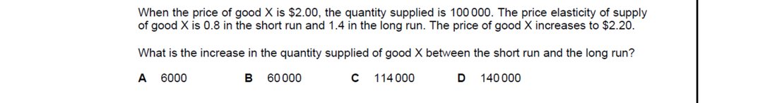 CIE 9708 Economics multiple-choice question on Price Elasticity of Supply (image 1)
