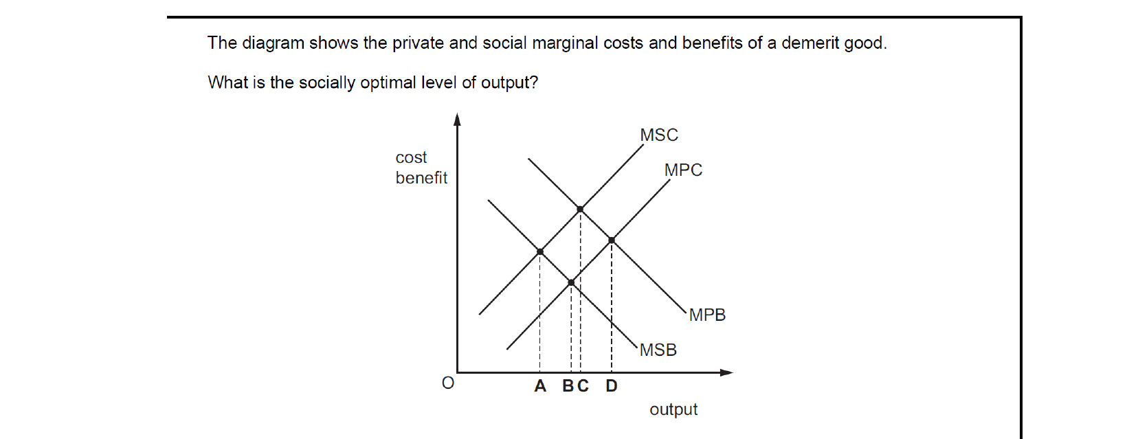 CIE 9708 Economics multiple-choice question on Private Costs and Benefits, Externalities, and Social Costs and Benefits (image 9)
