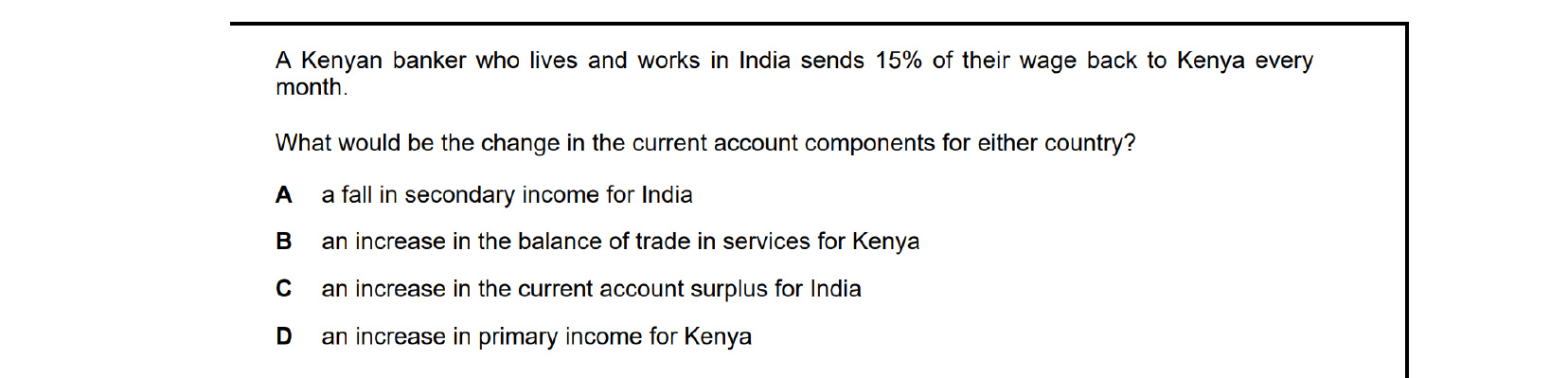 CIE 9708 Economics multiple-choice question on Current Account of the Balance of Payments (image 2)
