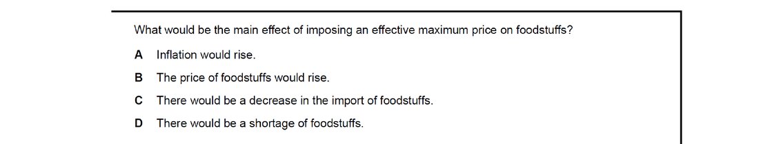 CIE 9708 Economics multiple-choice question on Methods and Effects of Government Intervention in Markets (image 10)