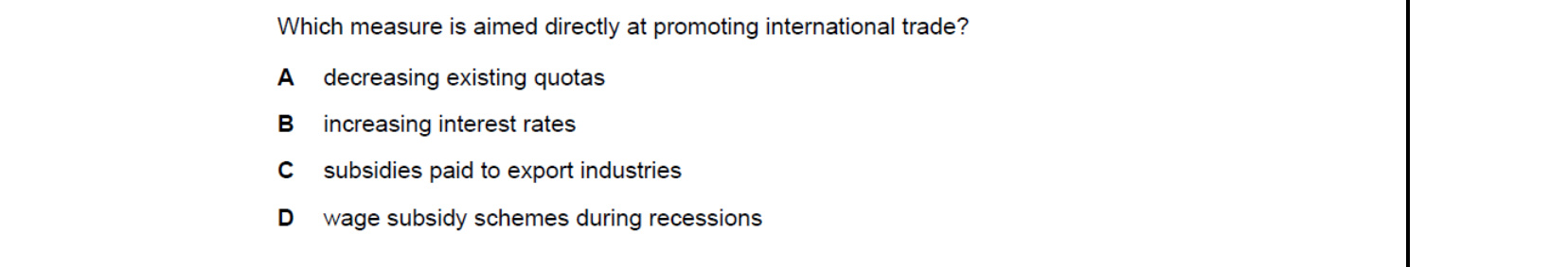CIE 9708 Economics multiple-choice question on Policies to Correct Imbalances in the Current Account of the Balance of Payments (image 1)